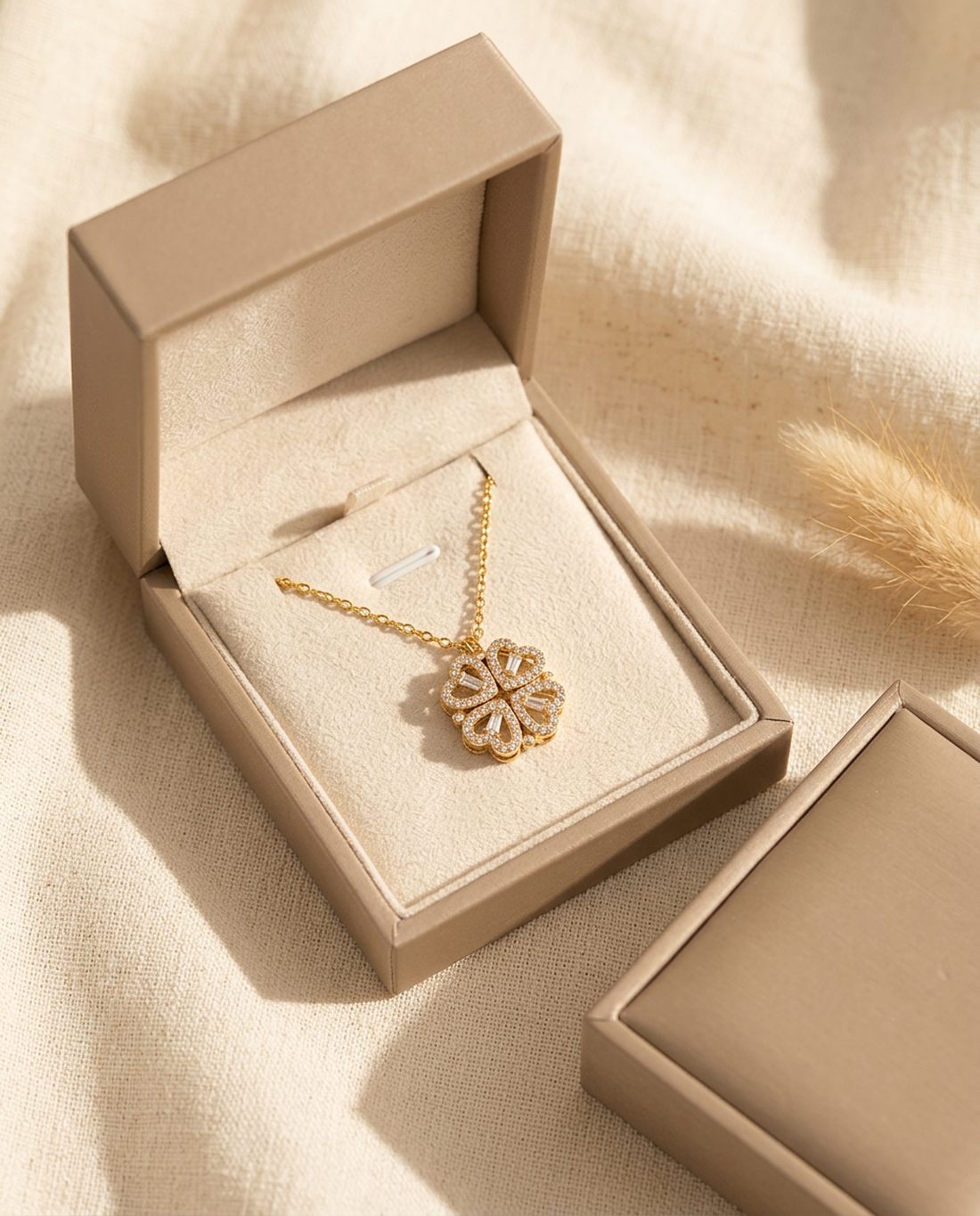 Four leaf clover necklace in a cream Calvelle gift box