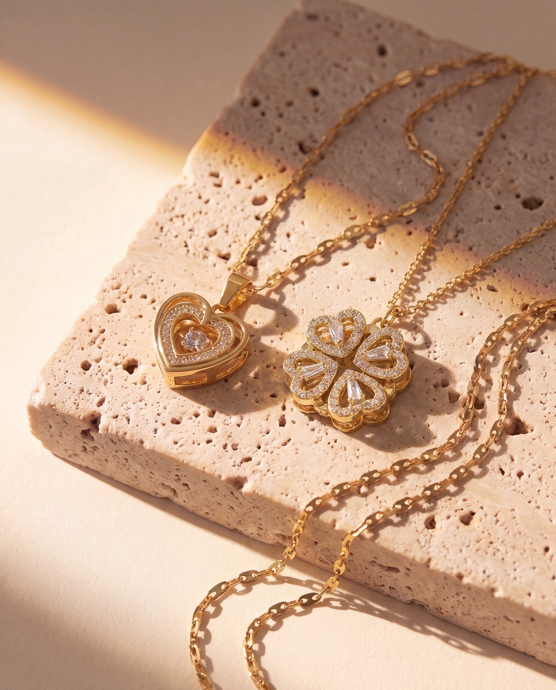 Gold clover and double heart necklaces together on travertine stone